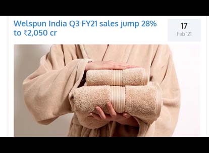 Welspun India Q3 FY21 sales jump 28% to rs.2,050cr