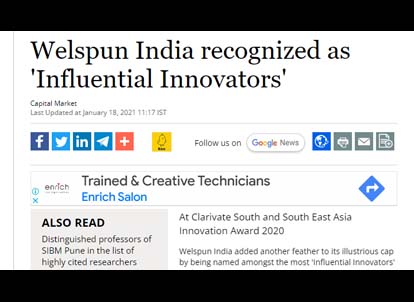 Welspun India recognized as 'Influential Innovators'