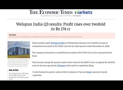 Welspun India Q3 results: Profit rises over twofold to Rs 174 cr