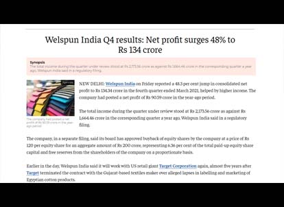 Welspun India Q4 results: Net profit surges 48% to Rs 134 crore