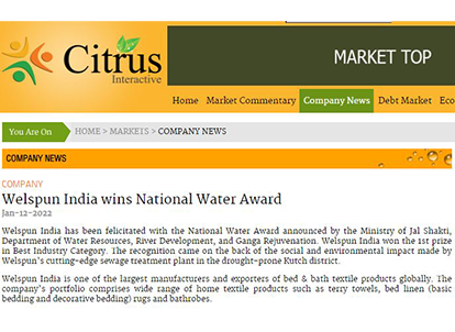 Welspun India wins National Water Award