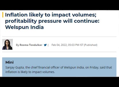 Inflation likely to impact volumes; profitability pressure will continue: Welspun India